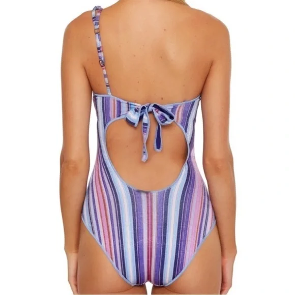 NEW BECCA Purple/Blue South Coast Printed Metallic Asymmetrical One-Piece Size M - Picture 3 of 11